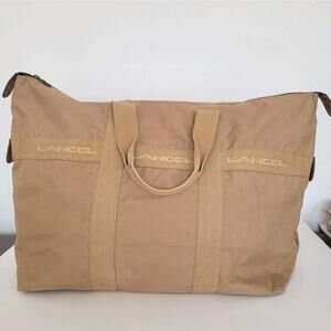 Lancel Paris Vintage Bag Duffle Handbag Zip XL Large Nylon Beige Designer Logo